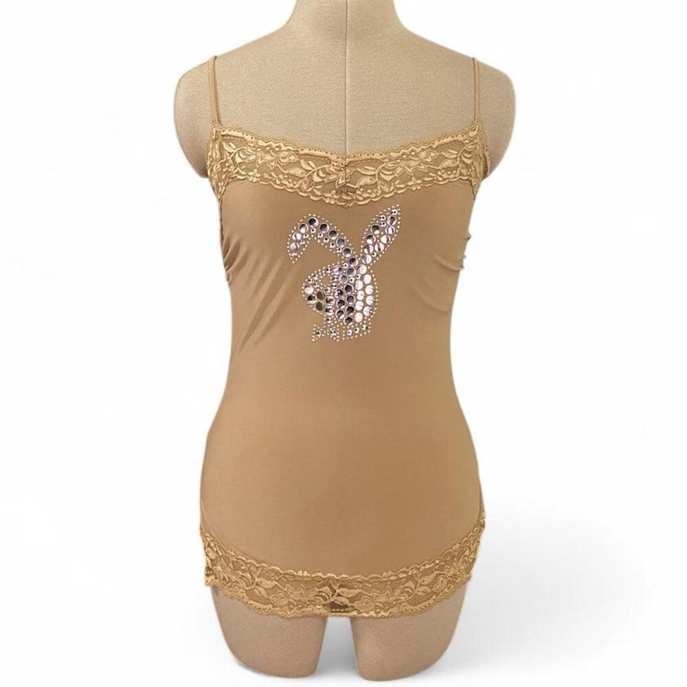 Vintage Y2K Beatrice tan cami top with sequin bunny design, size XS-S